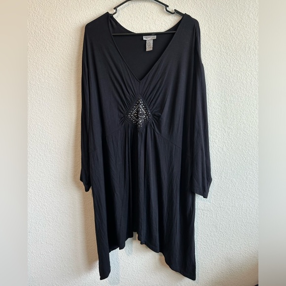 Catherines 4X 30/32W Tunic Blouse Black Embellished Long Sleeve Asymmetrical - Picture 1 of 5